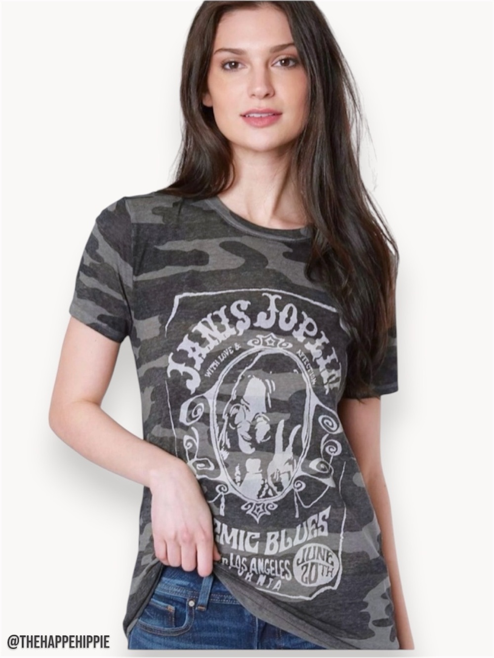 Lucky Brand Gray Camouflage Janis Joplin Graphic Tee